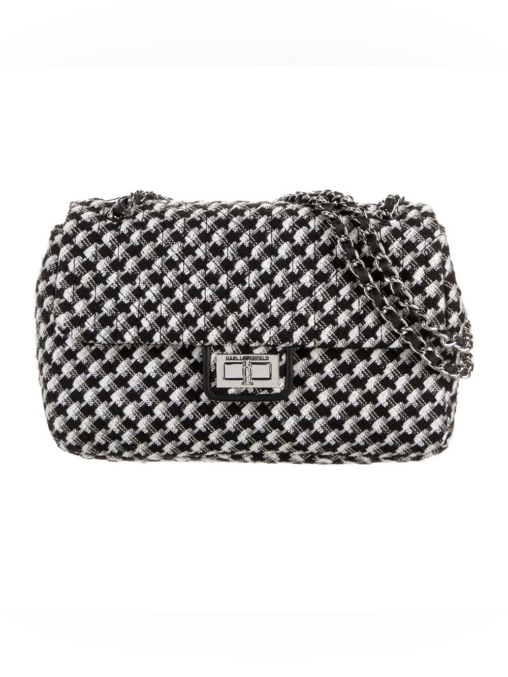 Karl Lagerfeld Black and White Tweed Chain Crossbody Bag